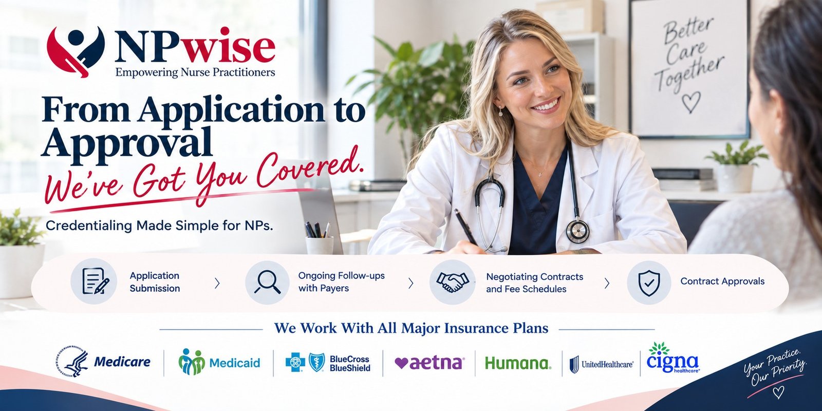 Nurse practitioner reviewing insurance credentialing paperwork